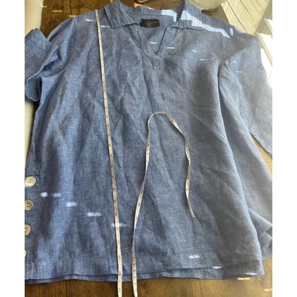 Tahari Womens 1X Blue/White V Neck 100%Linen Accent Buttons 3/4 Sleeves Hobo - Picture 6 of 8